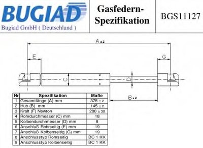 Газовая пружина, капот BUGIAD