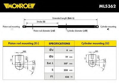 Газовая пружина, капот MONROE